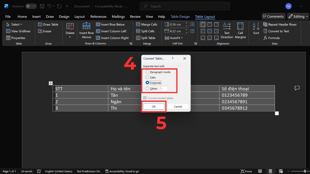 Cách chuyển từ bảng sang văn bản trong Word đơn giản bước 3
