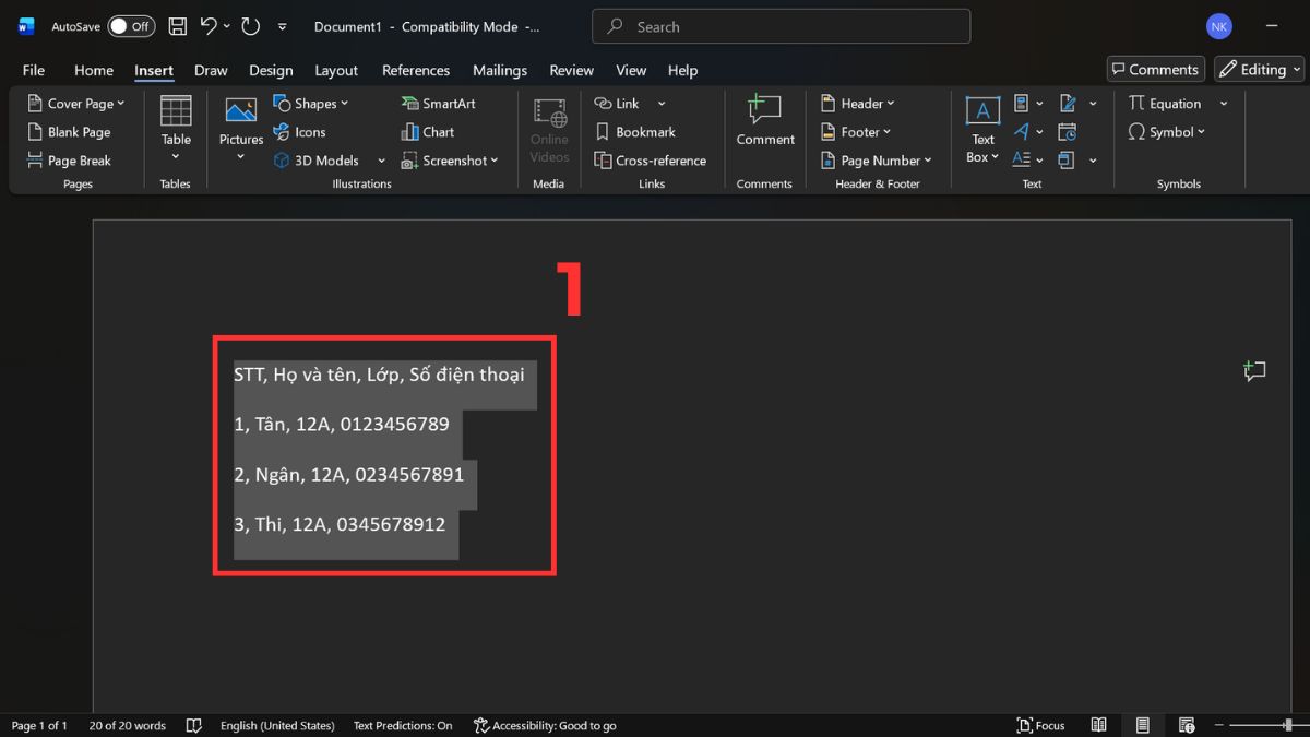 Hướng dẫn chi tiết cách chuyển văn bản thành bảng trong Word bước 1