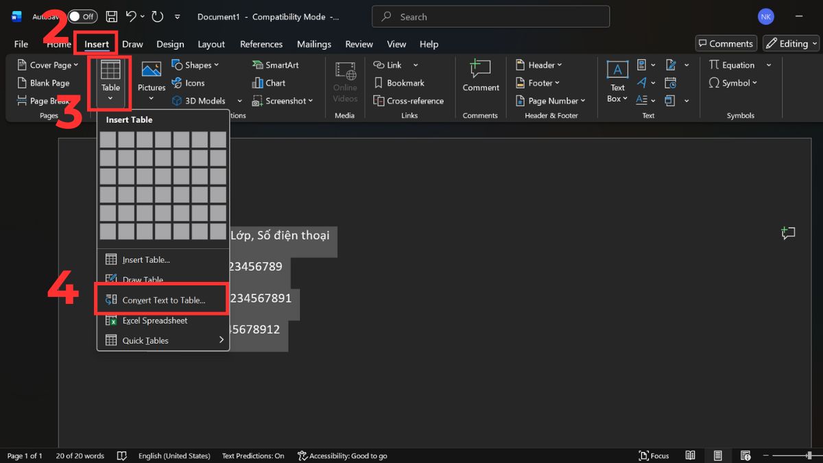 Hướng dẫn chi tiết cách chuyển văn bản thành bảng trong Word bước 2