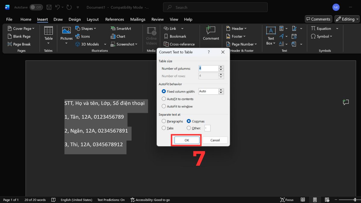 Hướng dẫn chi tiết cách chuyển văn bản thành bảng trong Word bước 4