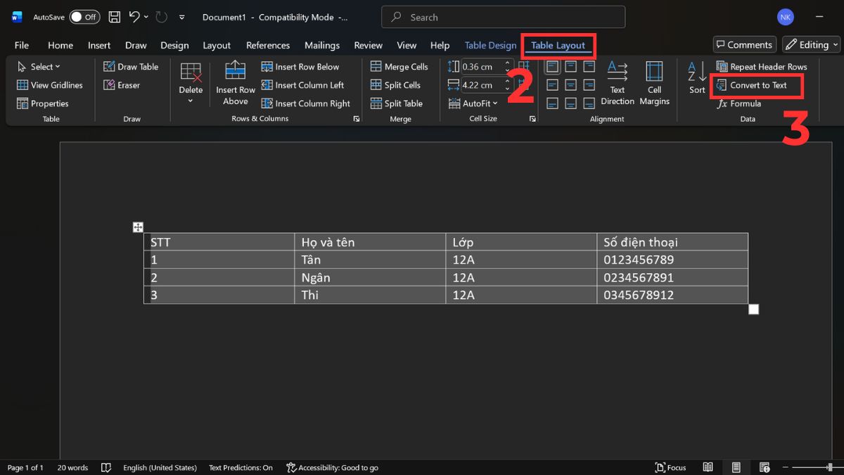Cách chuyển từ bảng sang văn bản trong Word đơn giản bước 2