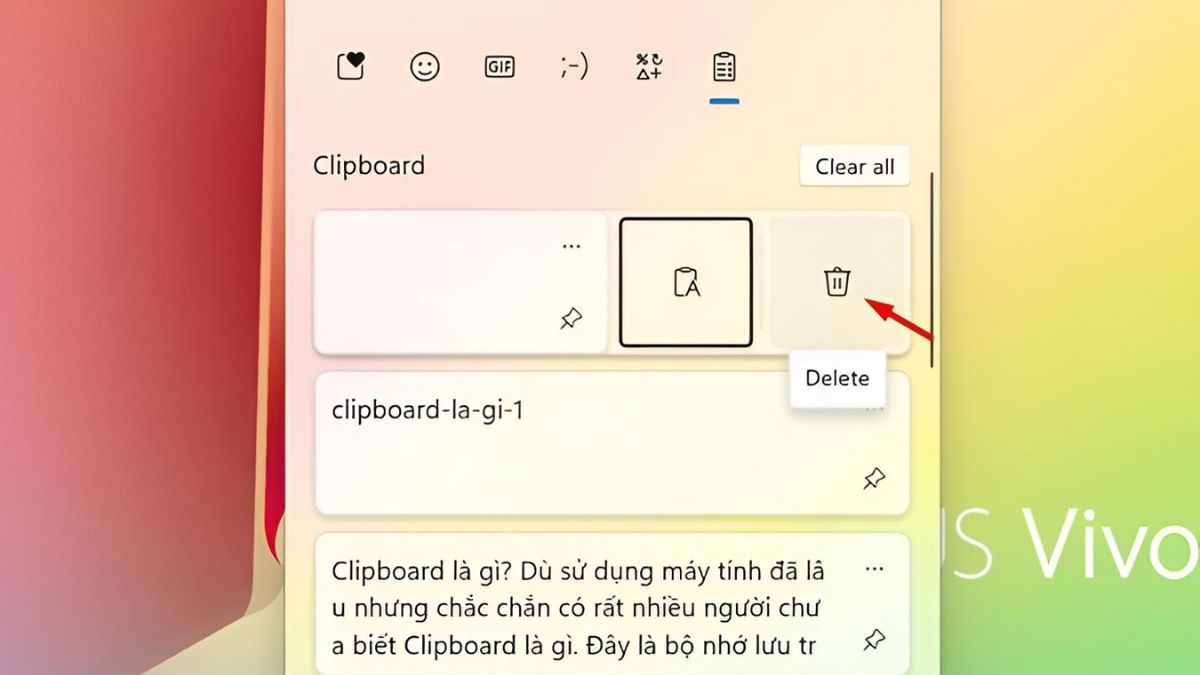 Thao tác xóa từng mục dữ liệu trong Clipboard
