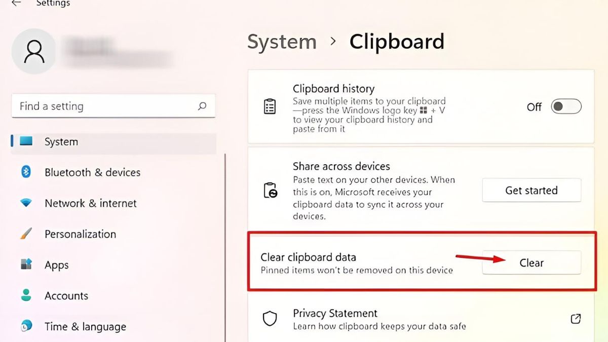 Xóa dữ liệu Clipboard trong Settings
