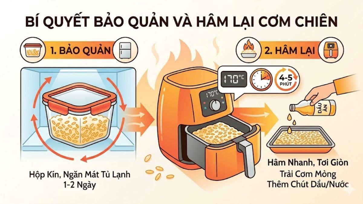 Cách bảo quản và hâm lại cơm chiên bằng nồi chiên không dầu