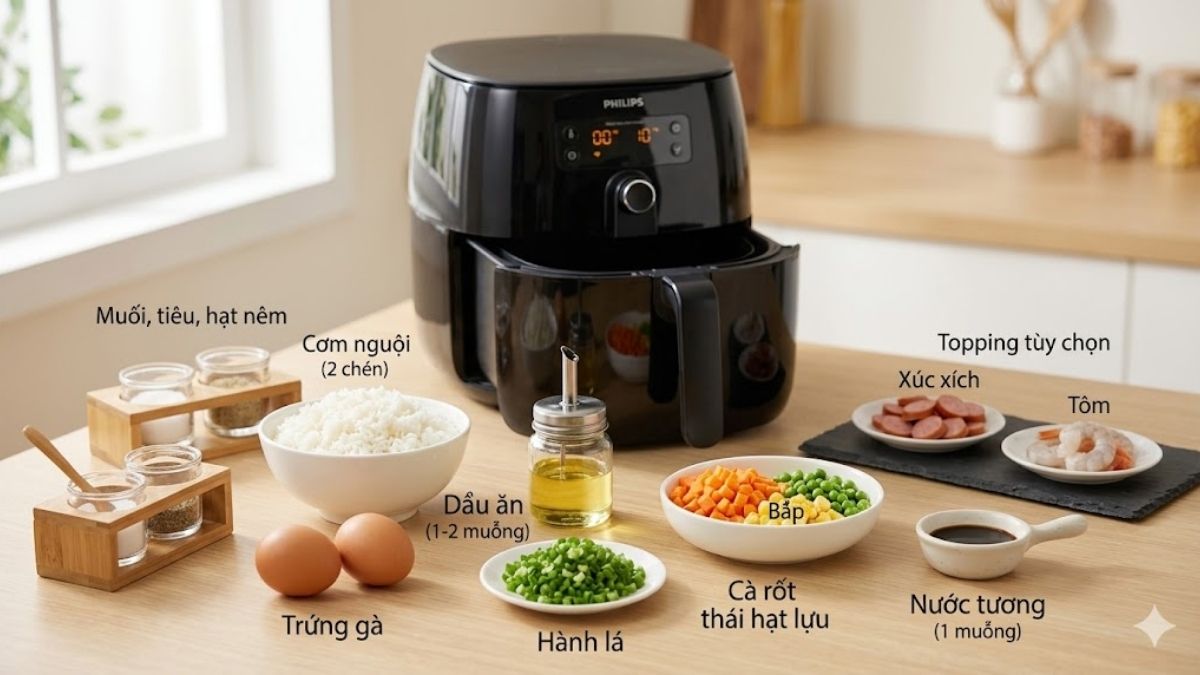 Nguyên liệu làm cơm chiên bằng nồi chiên không dầu