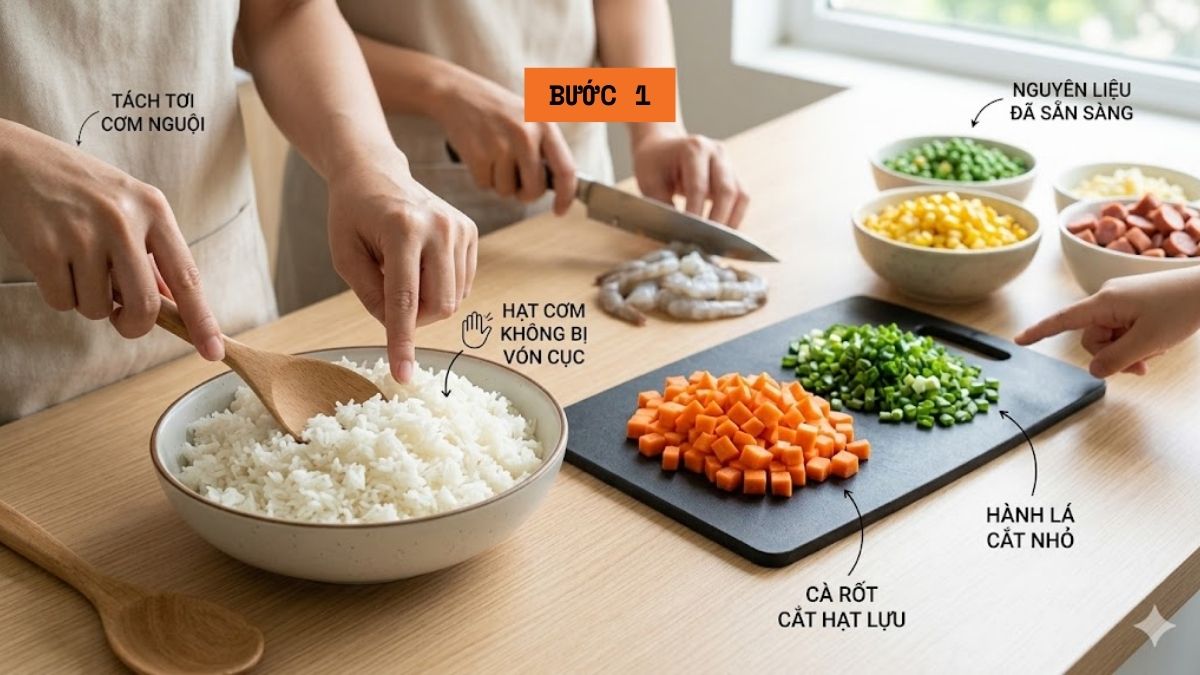 Sơ chế nguyên liệu để làm cơm rang bằng nồi chiên không dầu