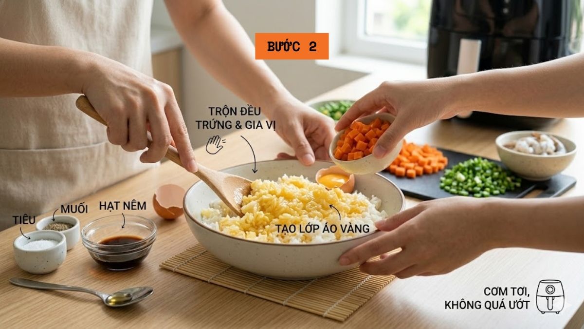Trộm cơm với trứng và gia vị trước khi làm cơm rang bằng nồi chiên không dầu