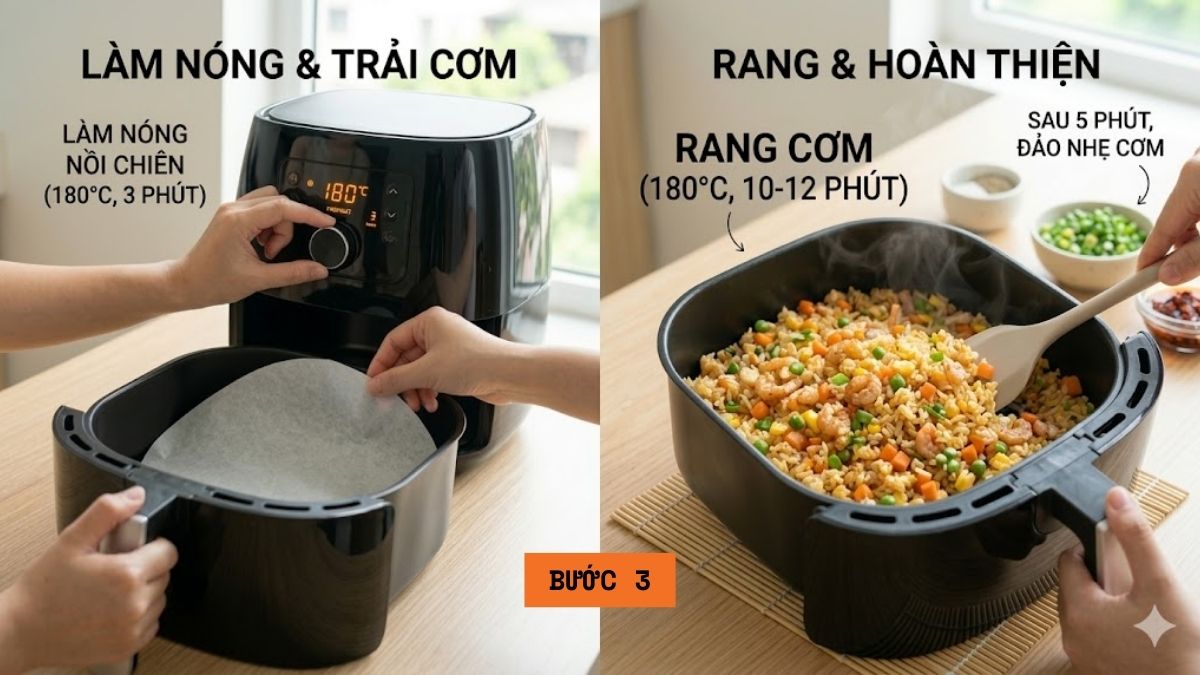 Tiến hành rang cơm bằng nồi chiên không dầu
