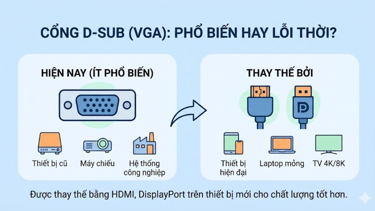 Cổng D-Sub đã dần được loại bỏ trên các thiết bị hiện đại như laptop và TV đời mới