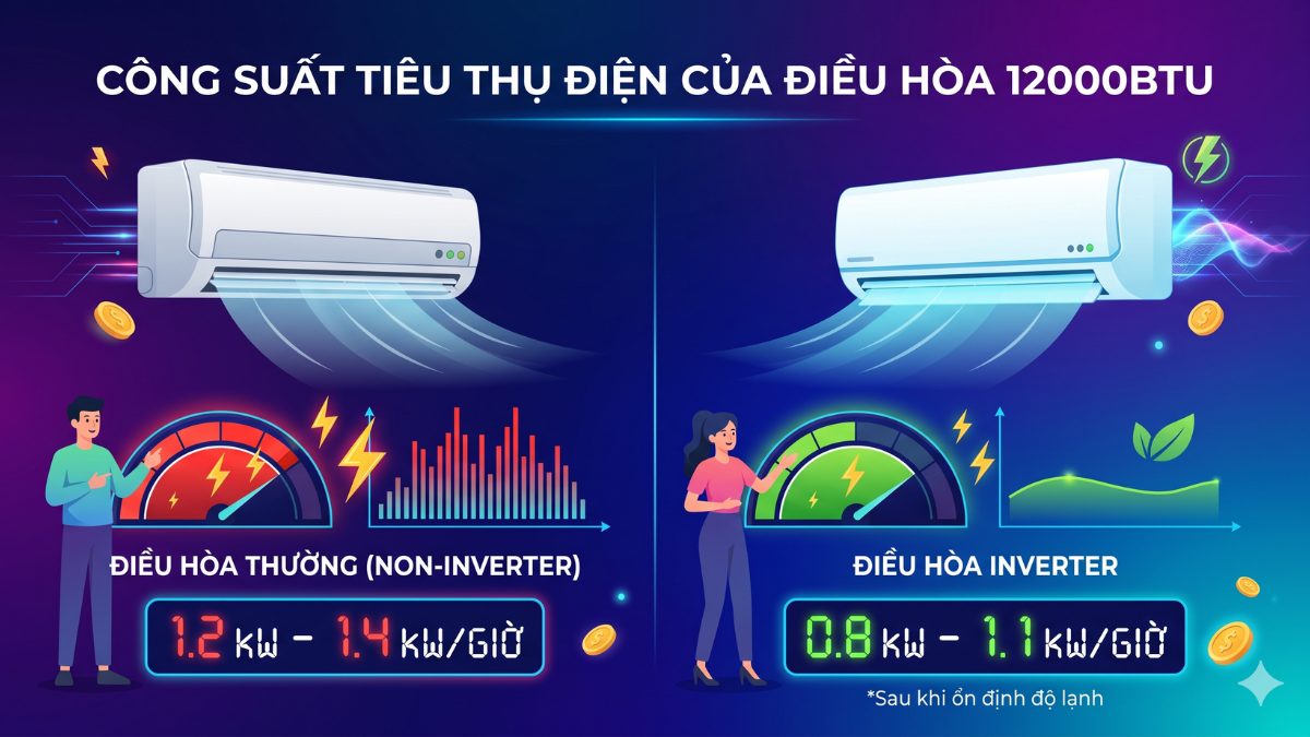 Công suất tiêu thụ điện của điều hòa 12000BTU