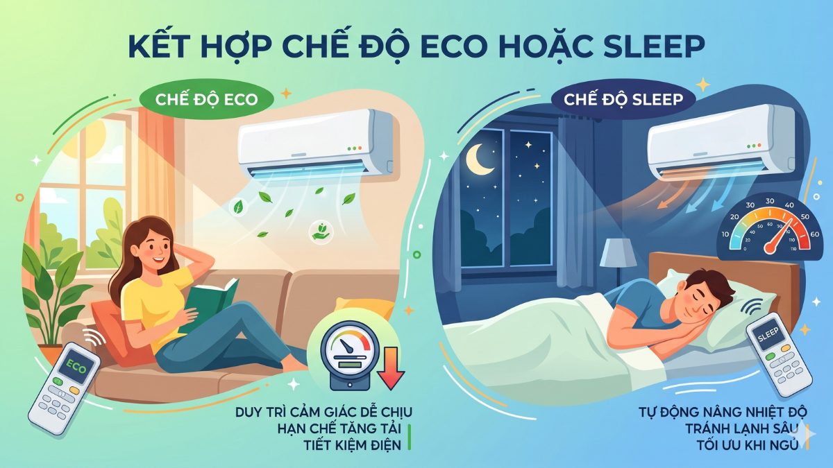 Kết hợp chế độ Eco hoặc Sleep để sử dụng điều hòa 12000BTU hiệu quả