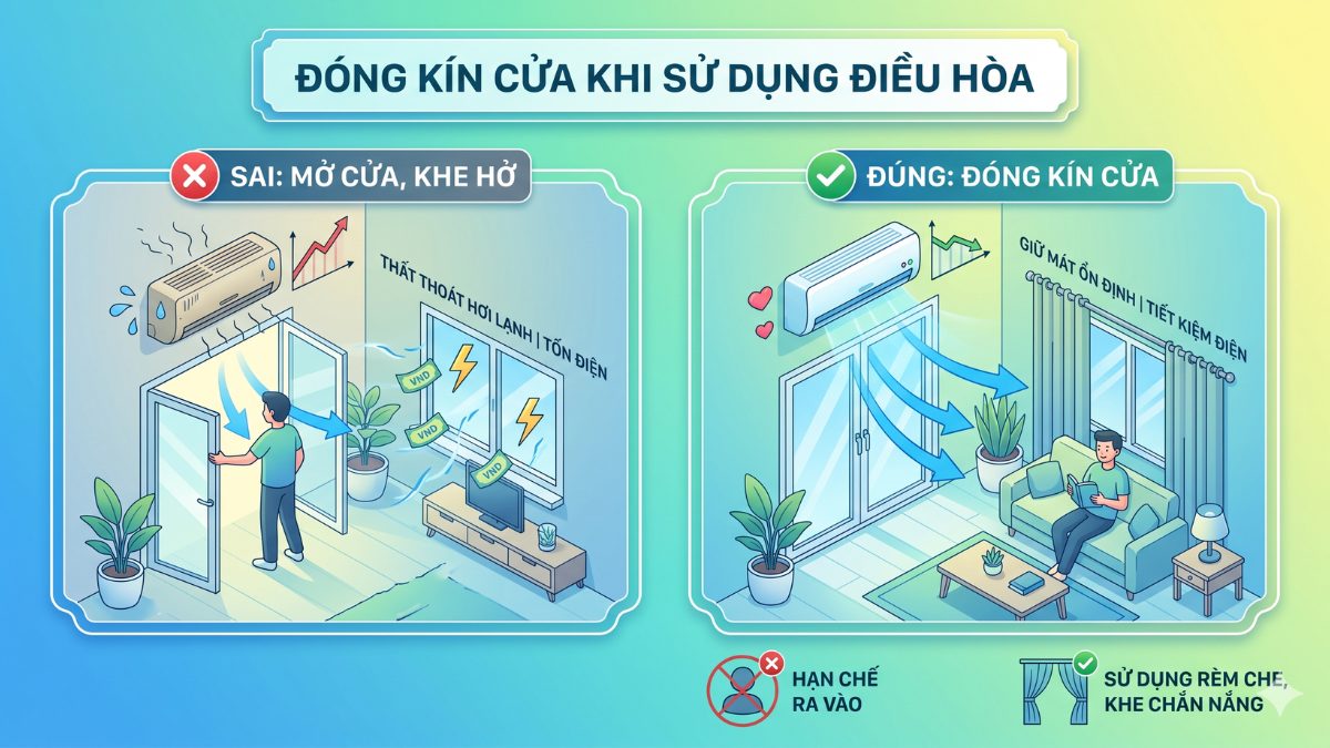 Đóng kín cửa khi sử dụng điều hòa