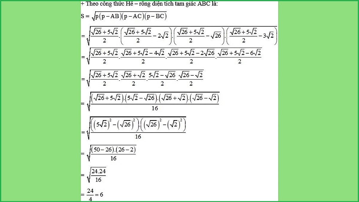 Ví dụ 1 về cách sử dụng công thức Heron để tính diện tích hình tam giác