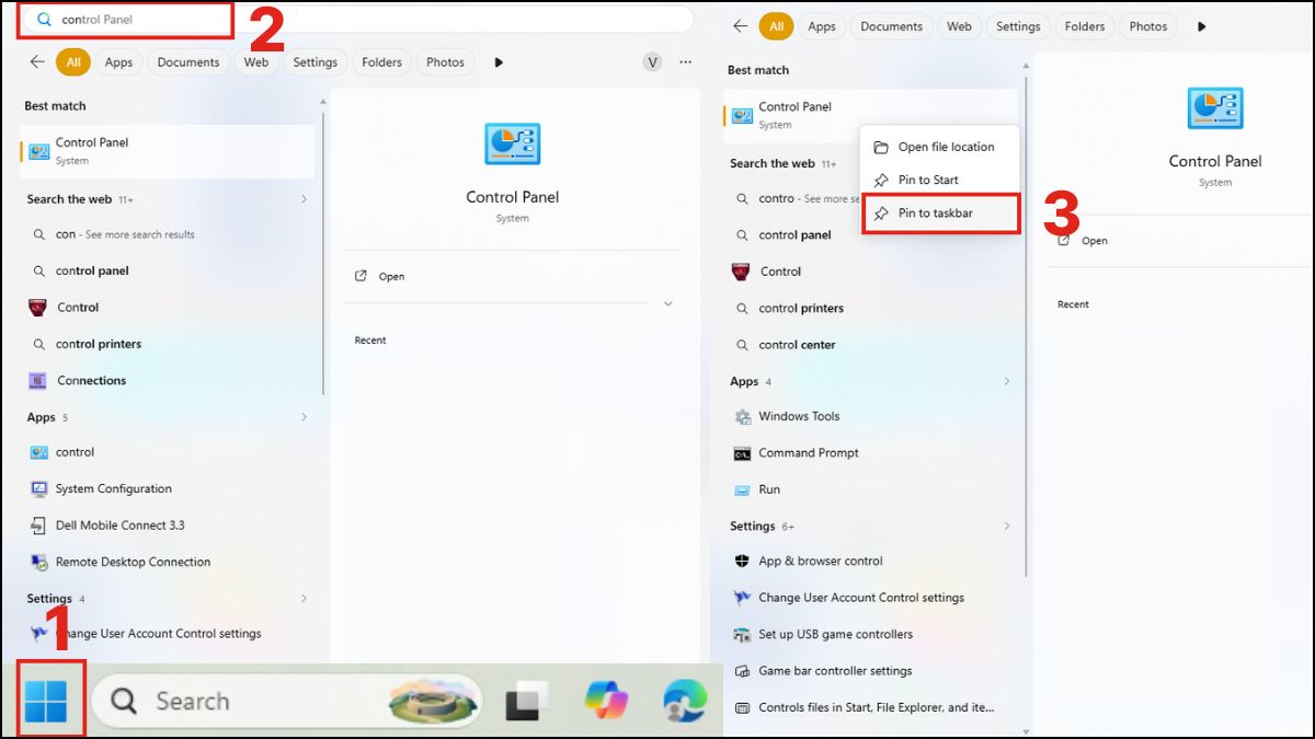 Ghim Control Panel lên Taskbar
