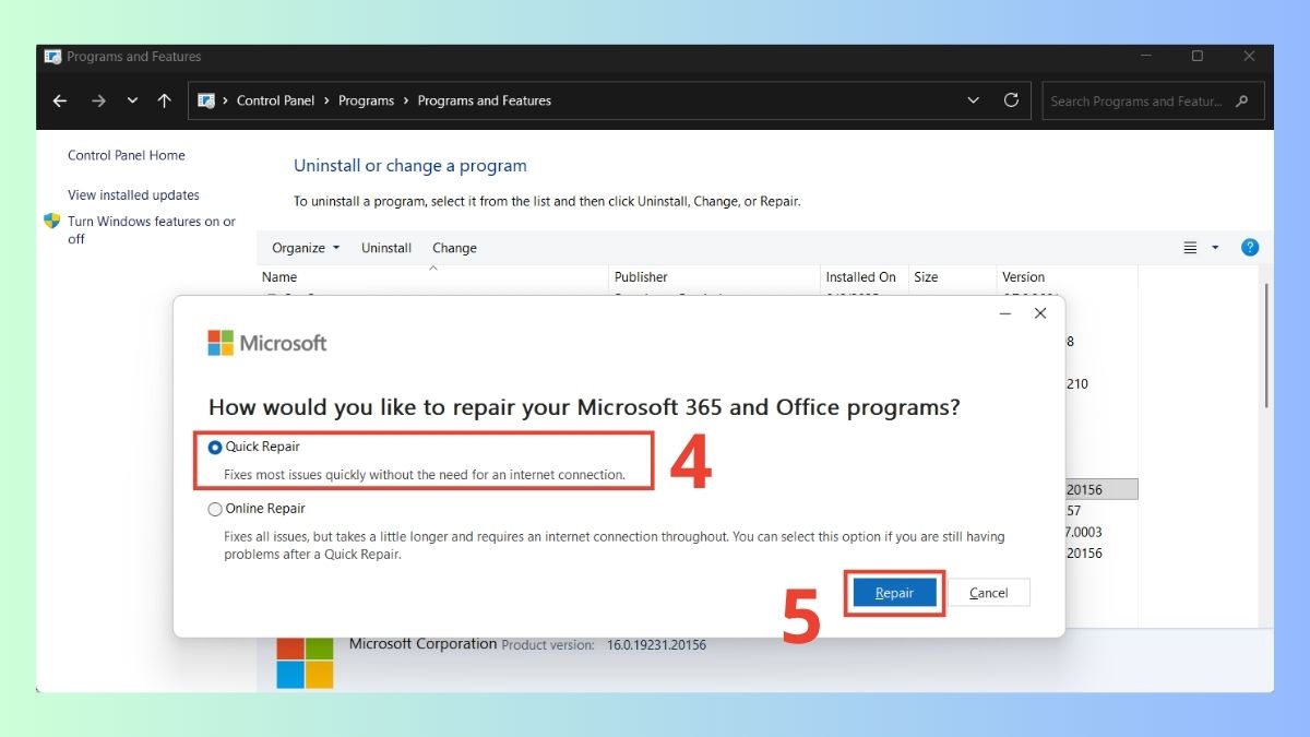 Sửa bộ ứng dụng Microsoft Office để khắc phục tình trạng Corrupt file bước 3