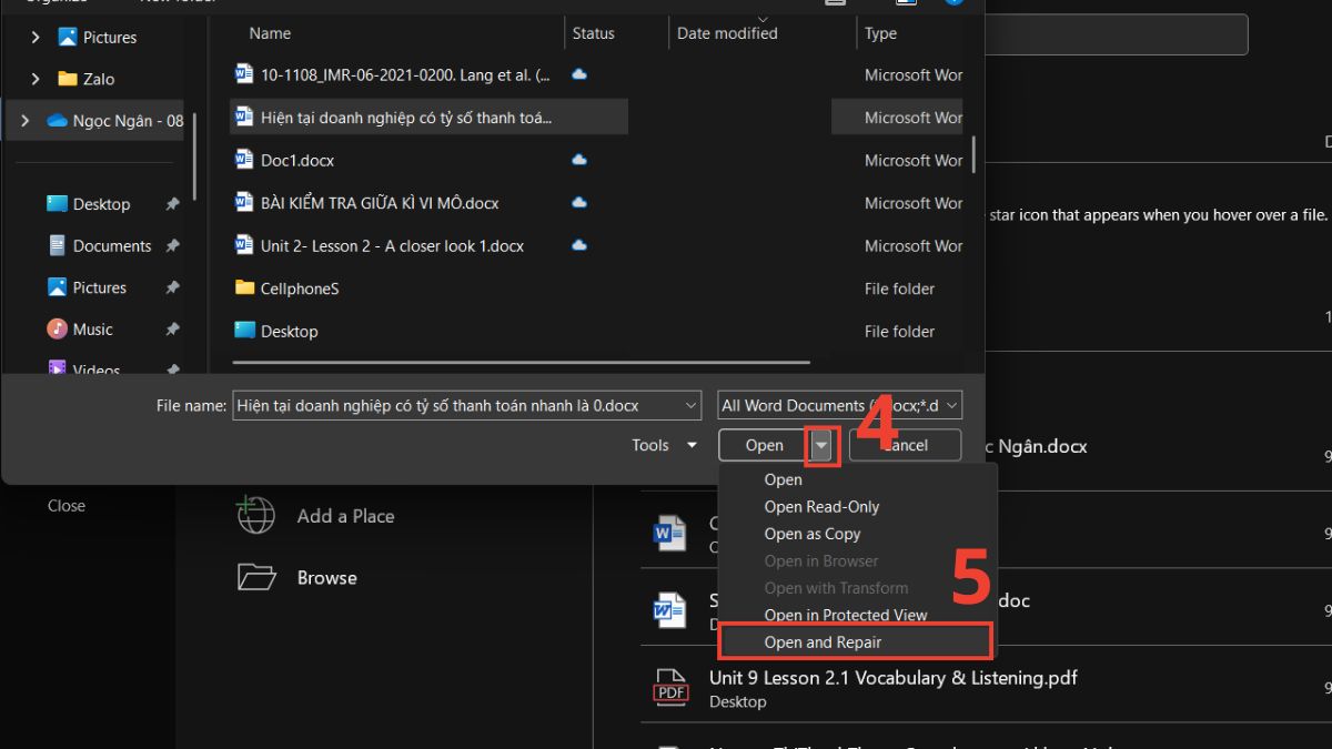 Dùng chức năng Open and Repair để mở file bước 3