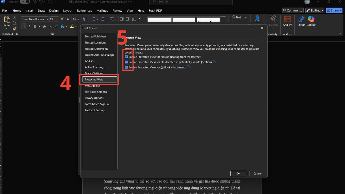 Cách tắt tùy chọn Protect View để sửa lỗi Corrupt file bước 3