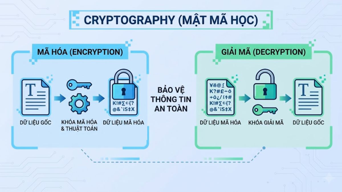 Cryptography (mật mã học) là lĩnh vực nghiên cứu cách bảo vệ thông tin