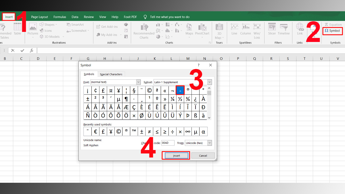 Cách nhập dấu trừ trong Excel bằng Symbol bước 1