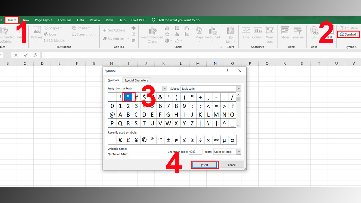 Cách thêm dấu nháy kép vào Excel
