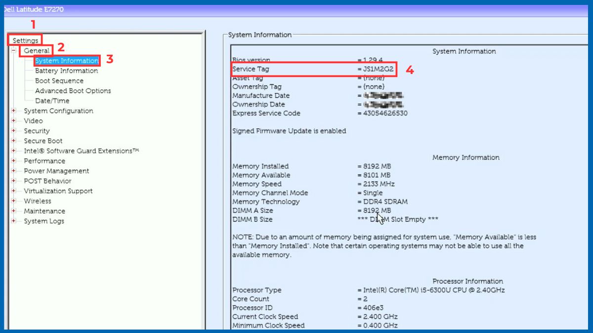 Cách kiểm tra năm sản xuất của Dell Latitude E7270 trong BIOS