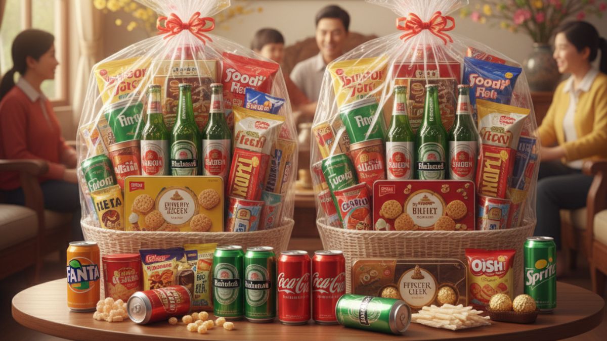 Bia và nước ngọt các loại là món quà chúc Tết gần gũi