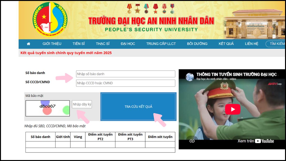 Tra cứu điểm chuẩn Đại học An ninh Nhân dân bước 4
