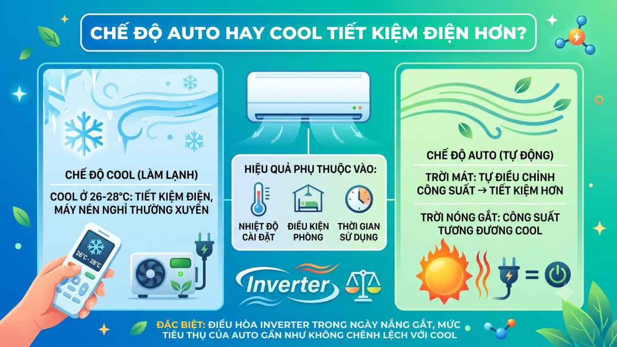 Đánh giá mức tiết kiệm điện giữa chế độ Auto và Cool