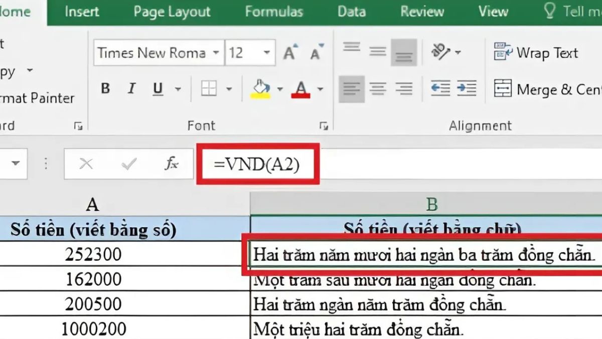 Dùng hàm VND để đọc số tiền bằng chữ trong Excel (Hình minh họa)