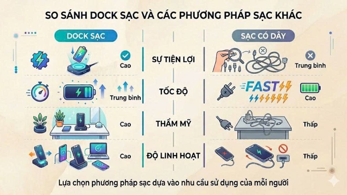 So sánh dock sạc và các phương pháp sạc khác