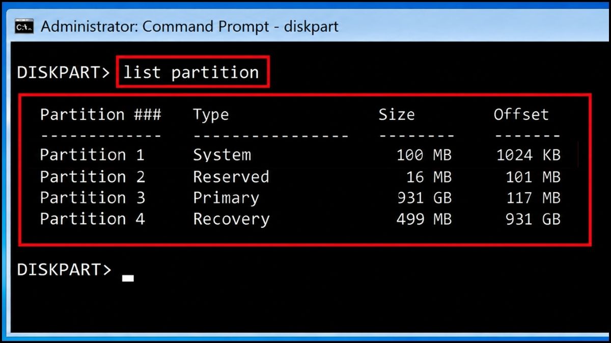 Nhập list partition để xem các phân vùng hiện có