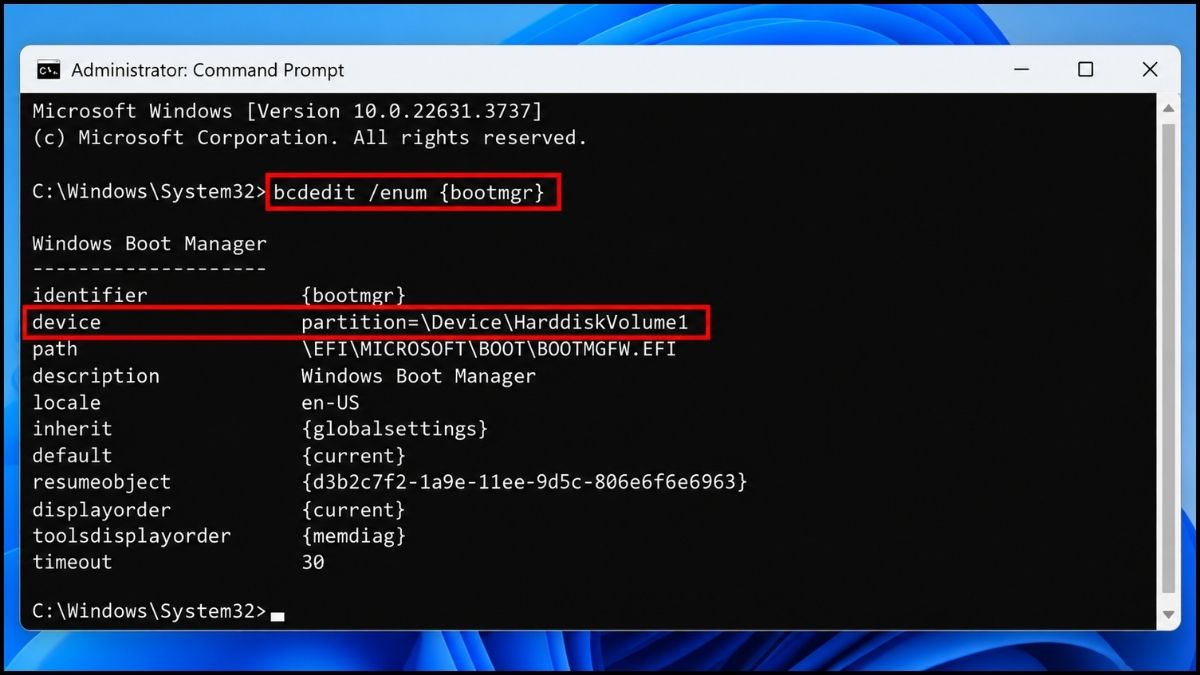 Kiểm tra Windows Boot Manager hiện tại