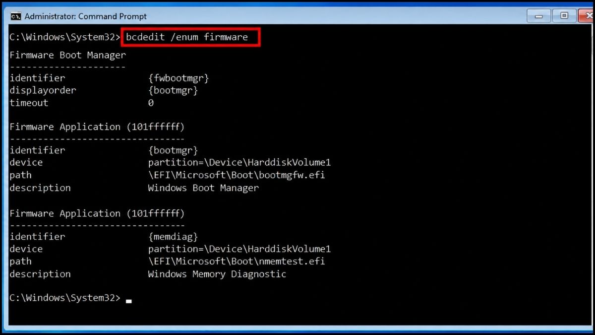 Kiểm tra các boot entry của firmware