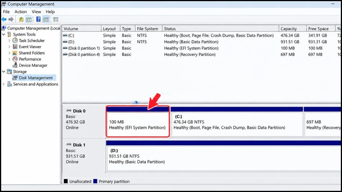 Cách kiểm tra phân vùng ESP bằng công cụ Disk Management bước 3