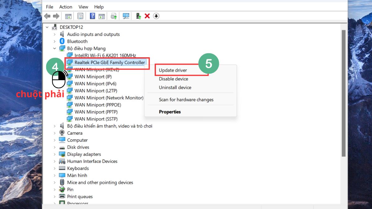 Chọn vào card mạng và nhấn Update Driver