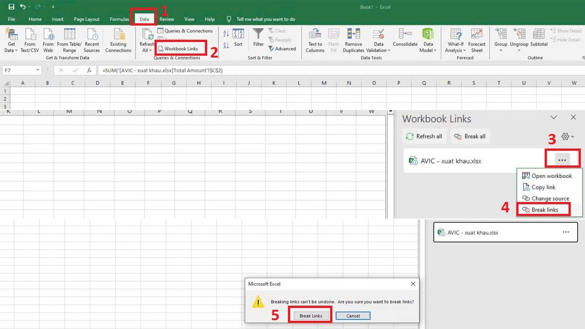 Khắc phục Excel bị đơ bằng việc kiểm tra và loại bỏ liên kết lỗi bước 3 (Hình minh họa)