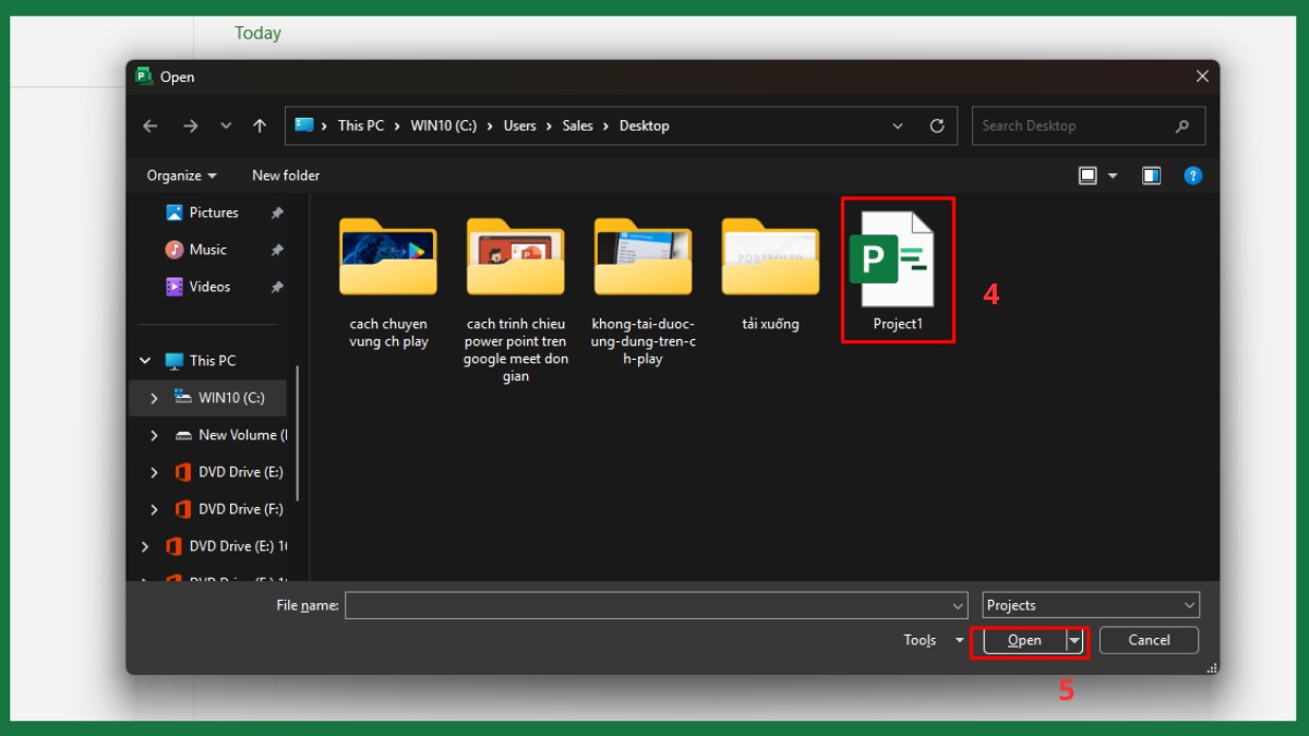 Chọn file mpp cần mở rồi bấm Open