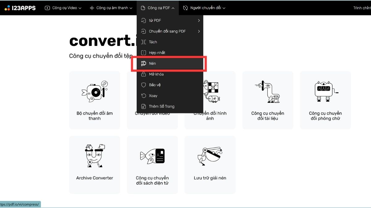 Giảm dung lượng PDF bằng Convertio bước 1 (Hình minh họa)