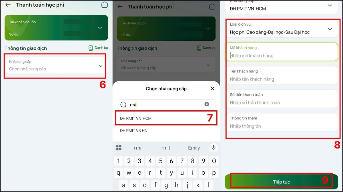 Thanh toán học phí RMIT qua kênh ngân hàng trực tuyến bước 3