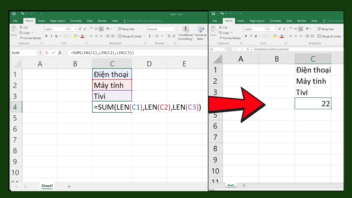 Sử dụng hàm LEN kết hợp với hàm SUM trong Excel