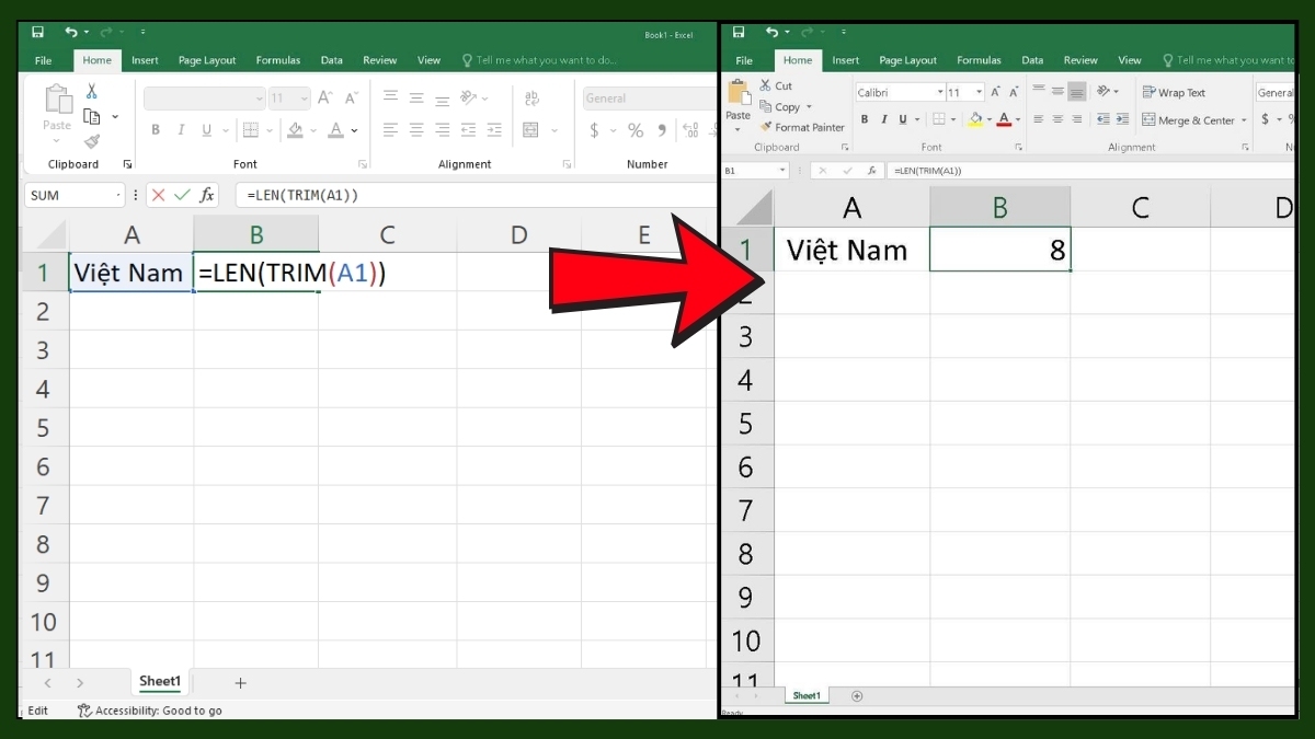 Sử dụng hàm LEN với hàm TRIM trong Excel