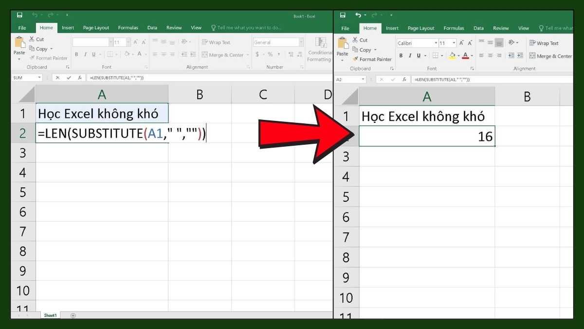 Sử dụng hàm LEN kết hợp SUBSTITUTE