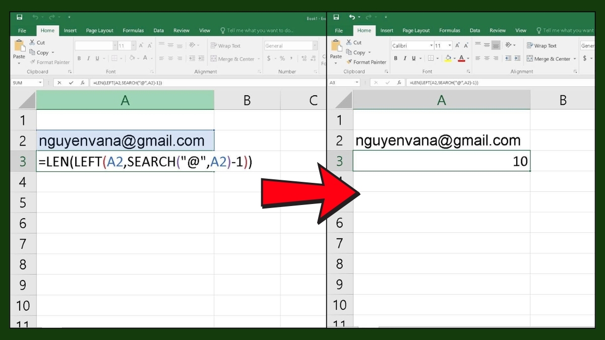 Dùng hàm LEN kết hợp hàm LEFT và SEARCH