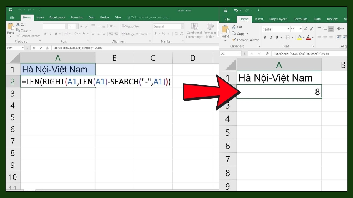 Sử dụng hàm LEN kết hợp với hàm RIGHT và SEARCH