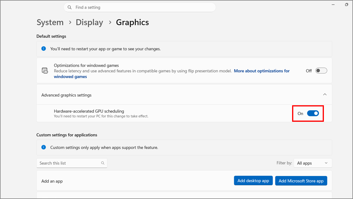 Mở cửa sổ Advanced graphics settings