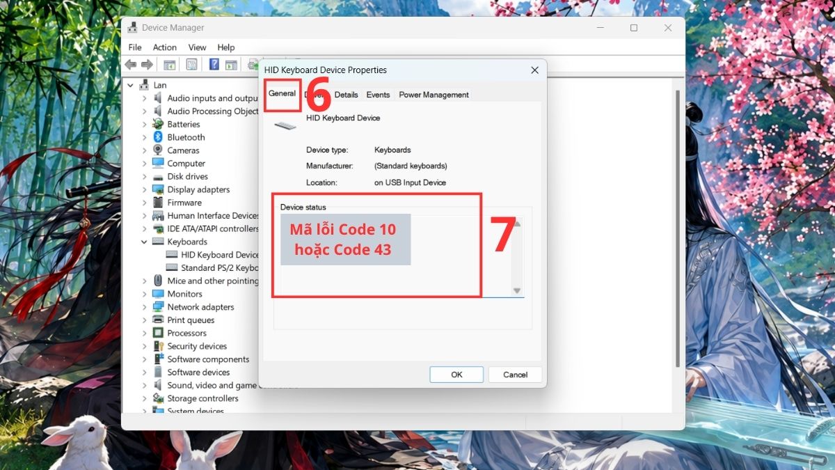 Kiểm tra mã lỗi tại khung Device Status thuộc thẻ General