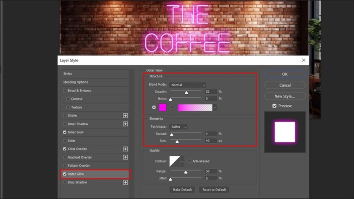 Cách làm hiệu ứng phát sáng chữ trong Photoshop bước 4 (Hình minh họa)