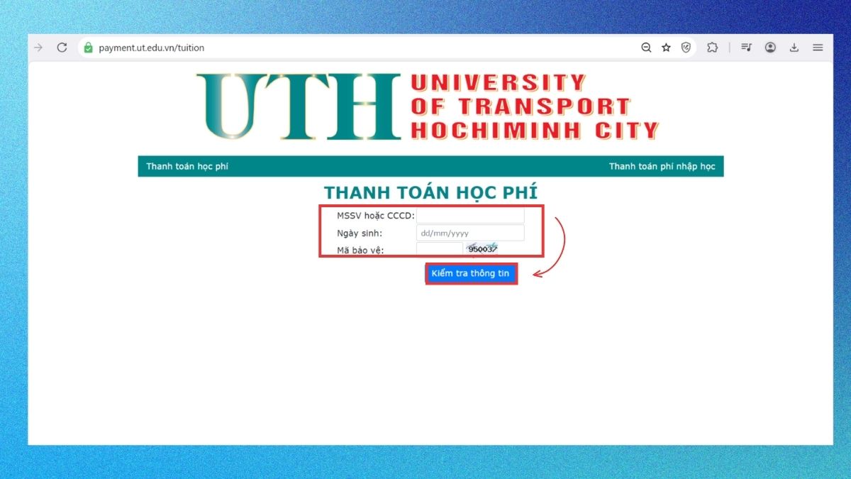 Hướng dẫn các bước nộp học phí UTH bước 1