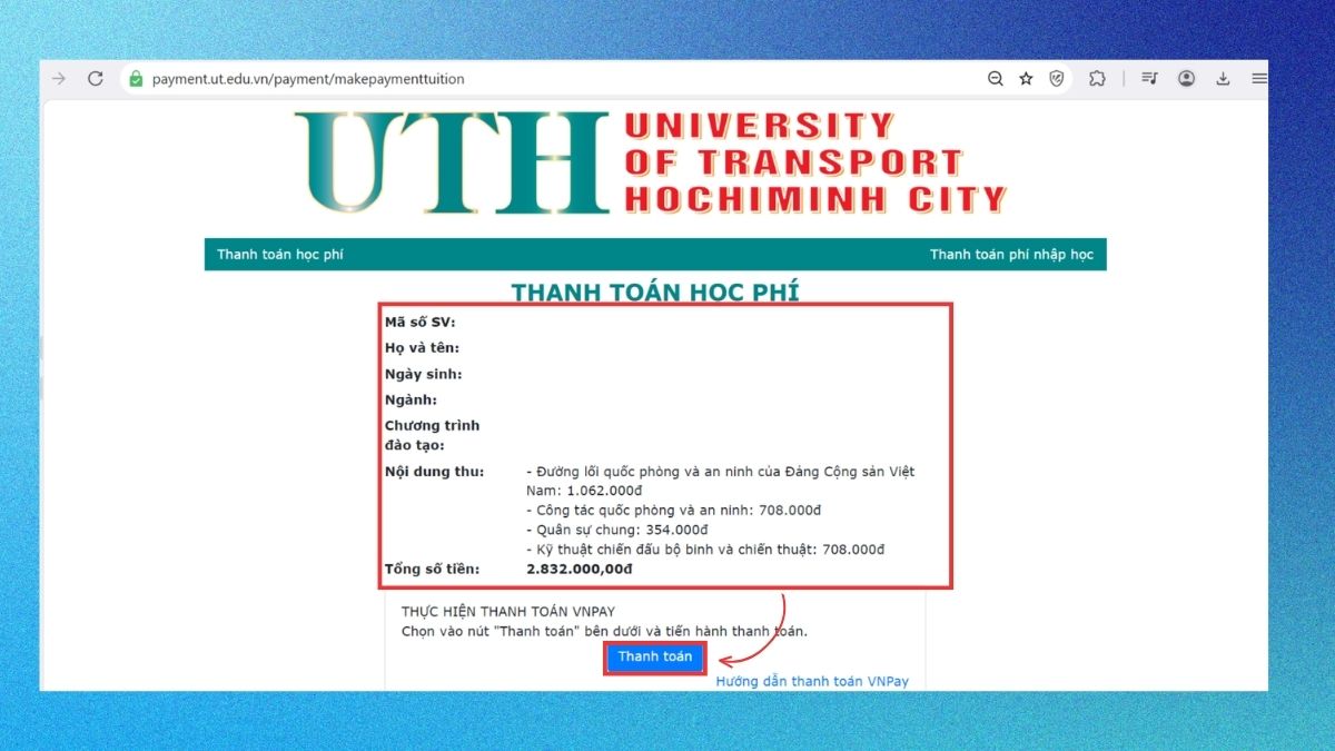 Hướng dẫn các bước nộp học phí UTH bước 2