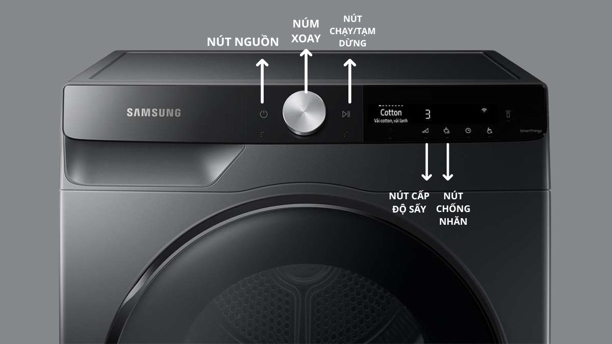 Ý nghĩa các nút trên bảng điều khiển trên máy giặt Samsung Heatpump